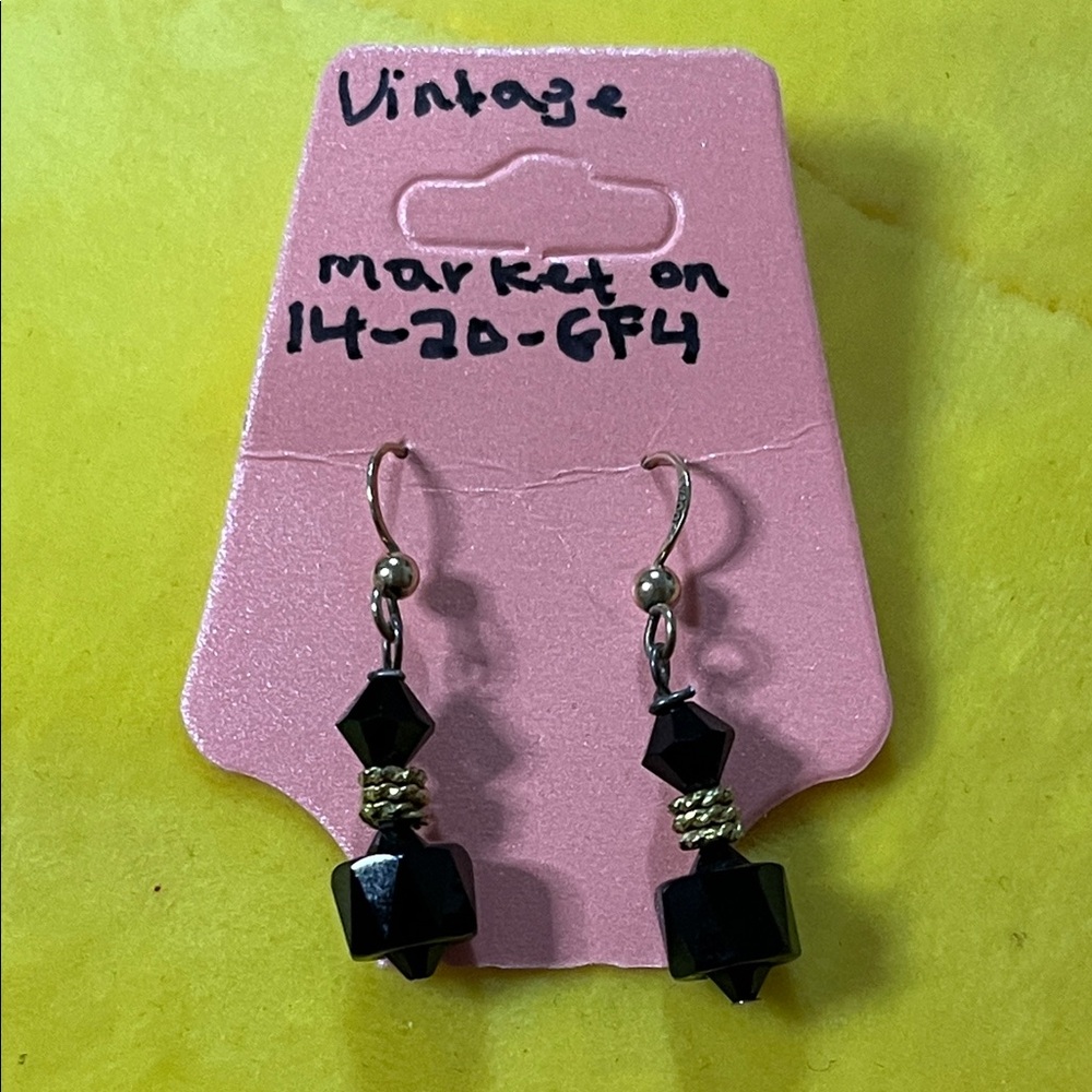 Black Faceted Bead Drop Earrings with Gold-Tone Accents